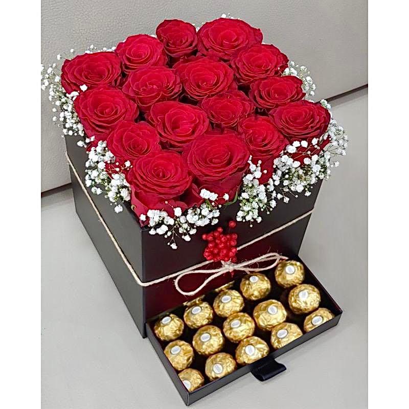 red roses box with chocolates